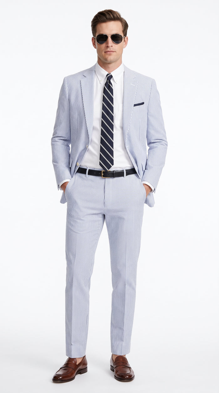 Men’s Dark Navy and White Seersucker Suit, 100% Cotton Classic Summer Wedding Suit