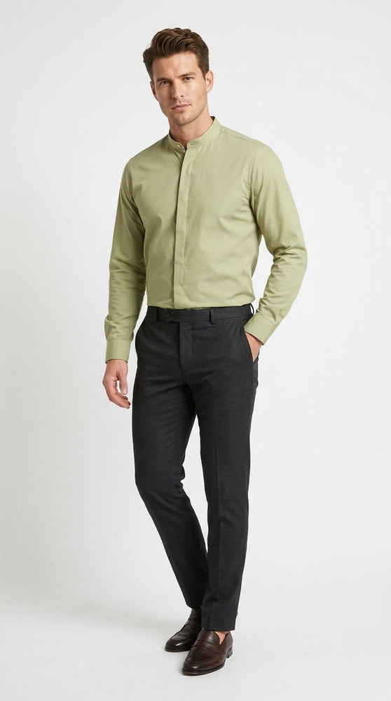 Men’s Tan Mandarin Collar Dress Shirt, Collarless Banded Collar Formal Preacher Shirt
