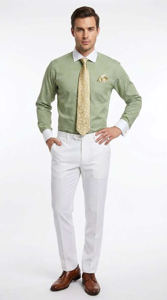 Men’s Apple Green Mini Plaid French Cuff Dress Shirt with Tie and Handkerchief, White Collar Contrast Shirt