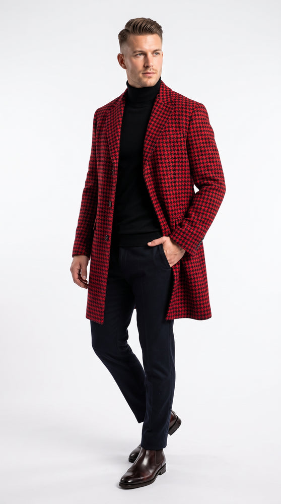 Men’s Red and Black Plaid Peacoat – Wool-Blend Houndstooth Winter Overcoat