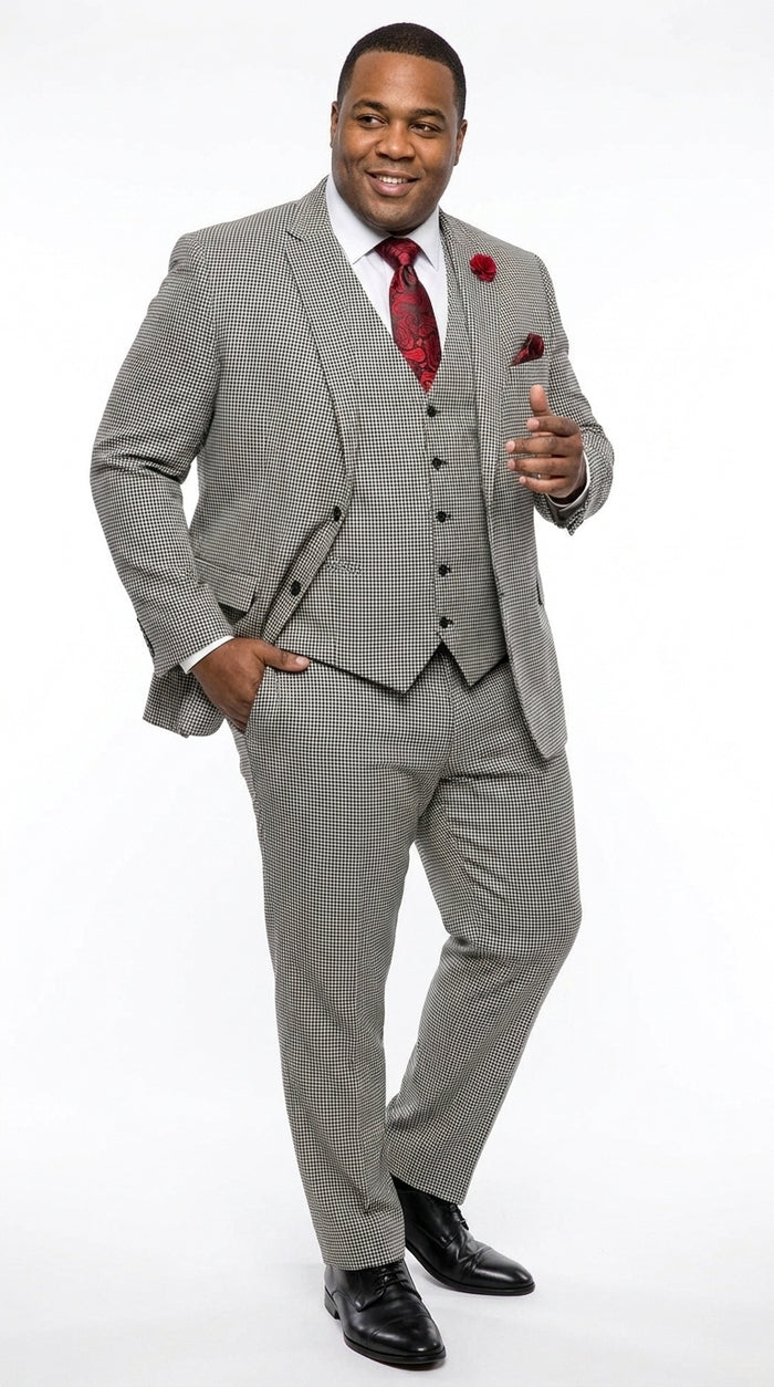 Men’s Black and White Houndstooth Tweed 3 Piece Suit, Vested 2 Button Formal Dress Suit