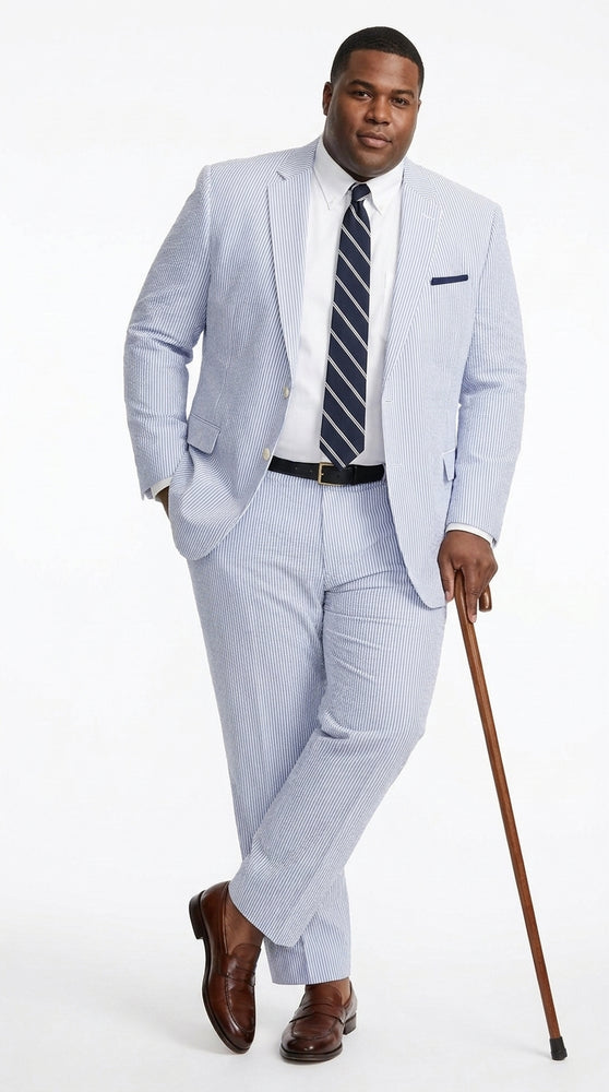 Men’s Dark Navy and White Seersucker Suit, 100% Cotton Classic Summer Wedding Suit