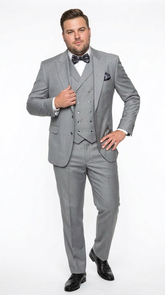 Men’s Big and Tall Classic Gray 3 Piece Suit, Plus Size Peak Lapel Formal Wedding Business Suit