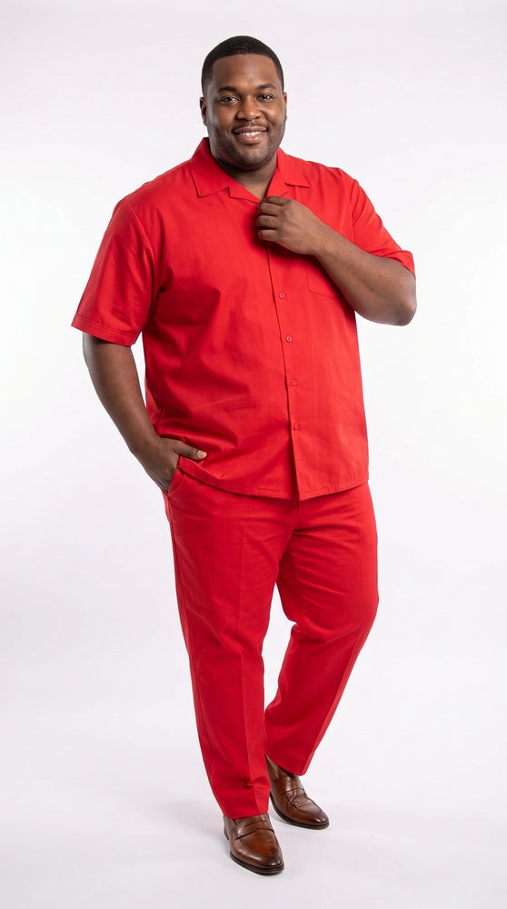 Men’s Red Linen Shirt and Pants Set – 2 Piece Short Sleeve Summer Walking Suit Casual Outfit