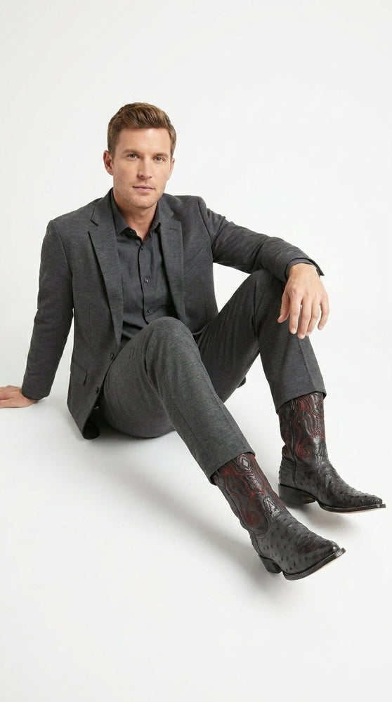 Men’s Wild West Ostrich Skin 3X Toe Boots, Exotic Western Cowboy Dress Boots 29503-B