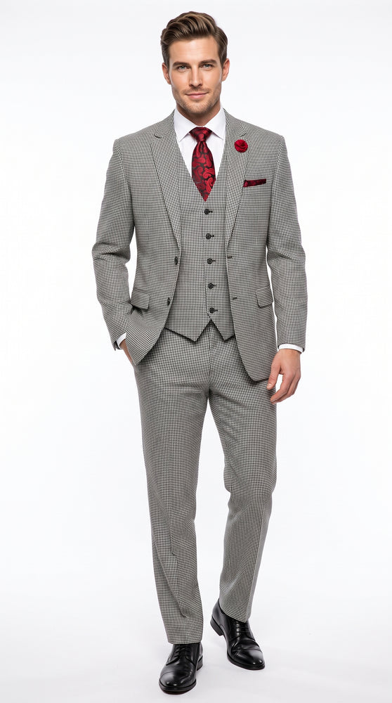 Men’s Black and White Houndstooth Tweed 3 Piece Suit, Vested 2 Button Formal Dress Suit