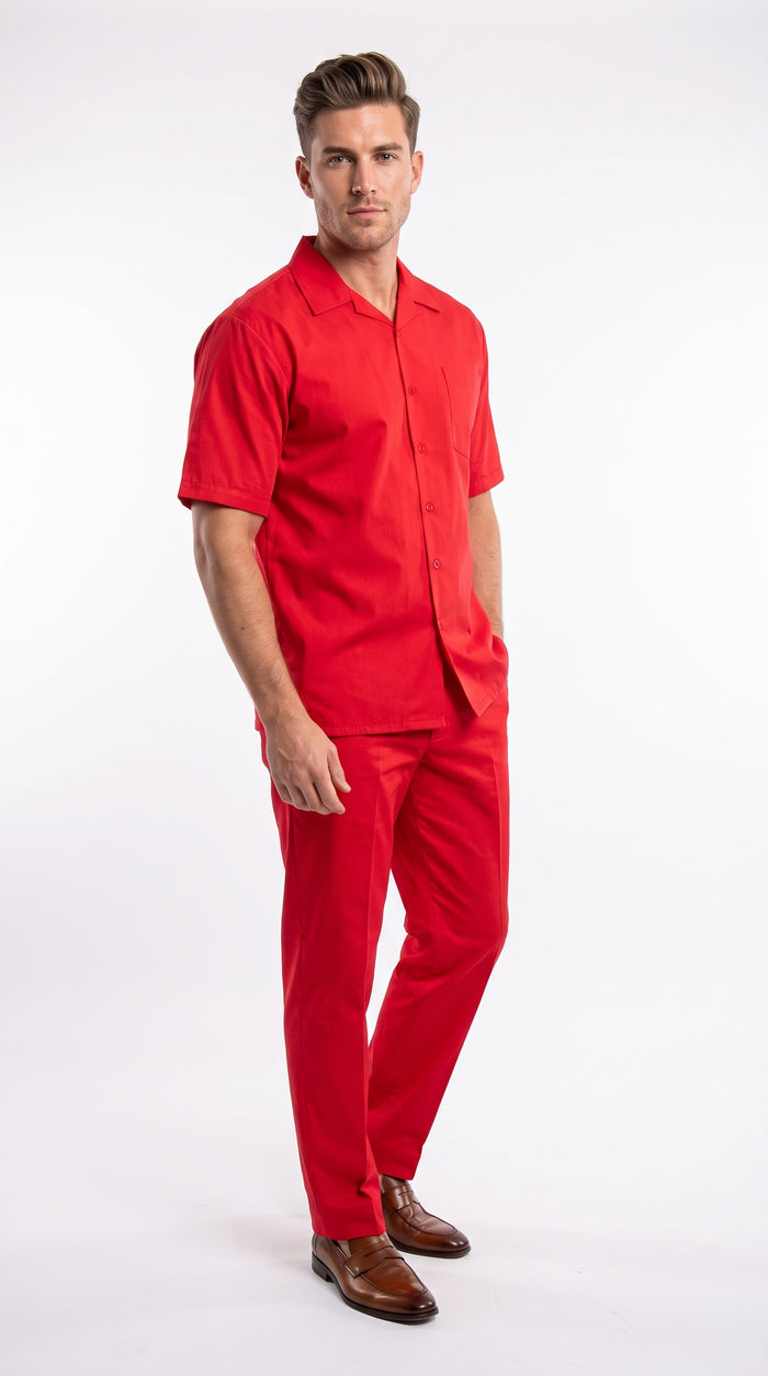 Men’s Red Linen Shirt and Pants Set – 2 Piece Short Sleeve Summer Walking Suit Casual Outfit