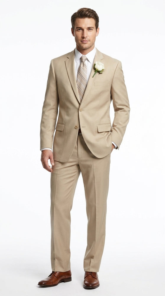 Men’s Tan Big and Tall Linen Suit – Lightweight Beach Wedding and Summer Formal Suit