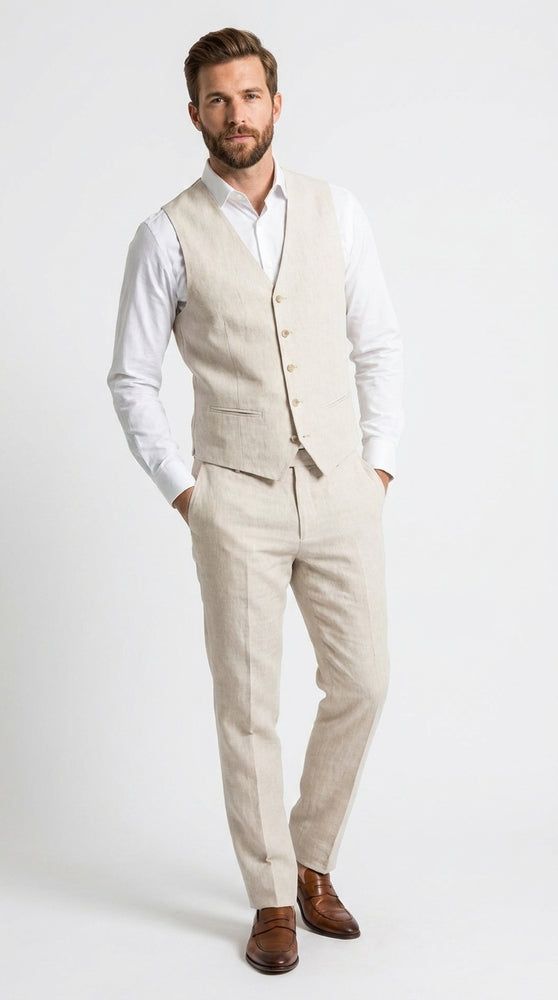 Men’s Ivory Linen Vest and Pants Set – 2-Piece Wedding, Beach and Summer Formal Outfit