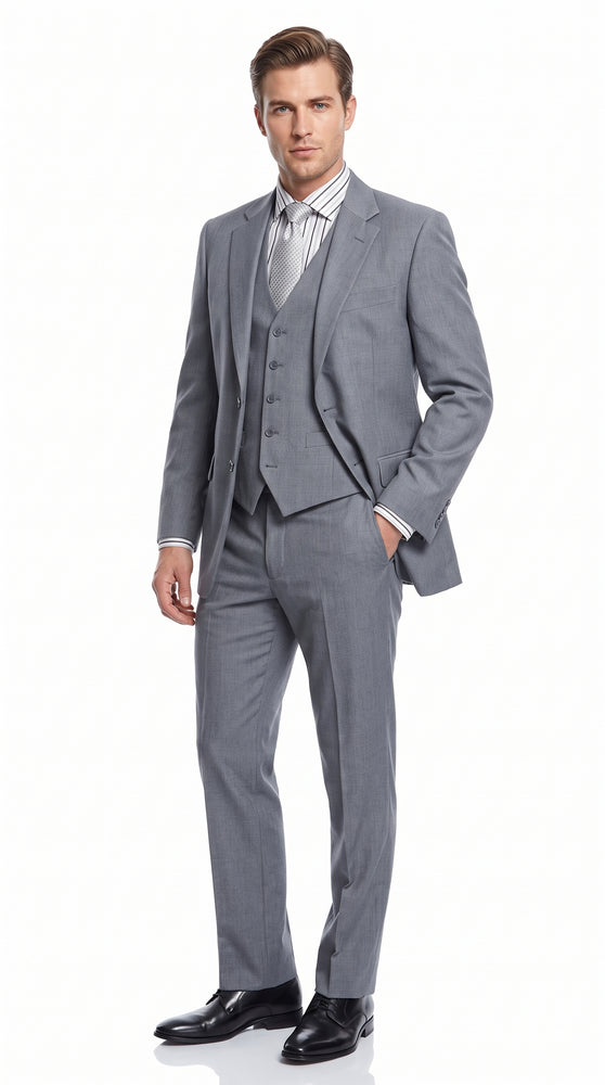 Men’s Mid Gray 3 Piece Suit, Modern Fit 2 Button Vested Formal Wedding Business Suit