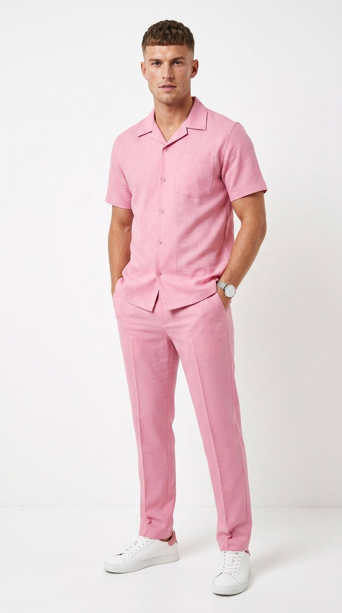Men’s Lilac Pink Linen Walking Suit with Short Sleeve Shirt and Matching Pants, Summer Casual Outfit
