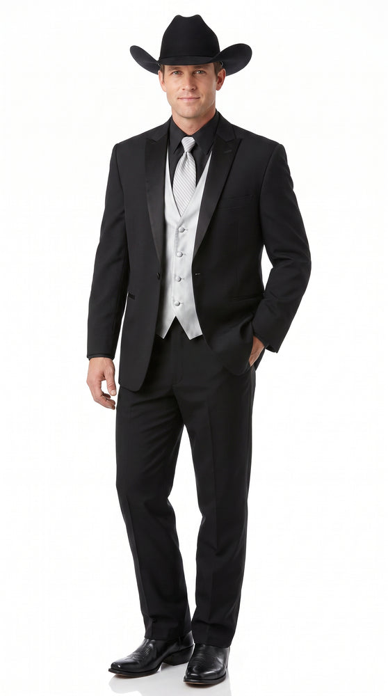 Men’s Black Western Cowboy Suit, Country Wedding Tuxedo with Silver Vest
