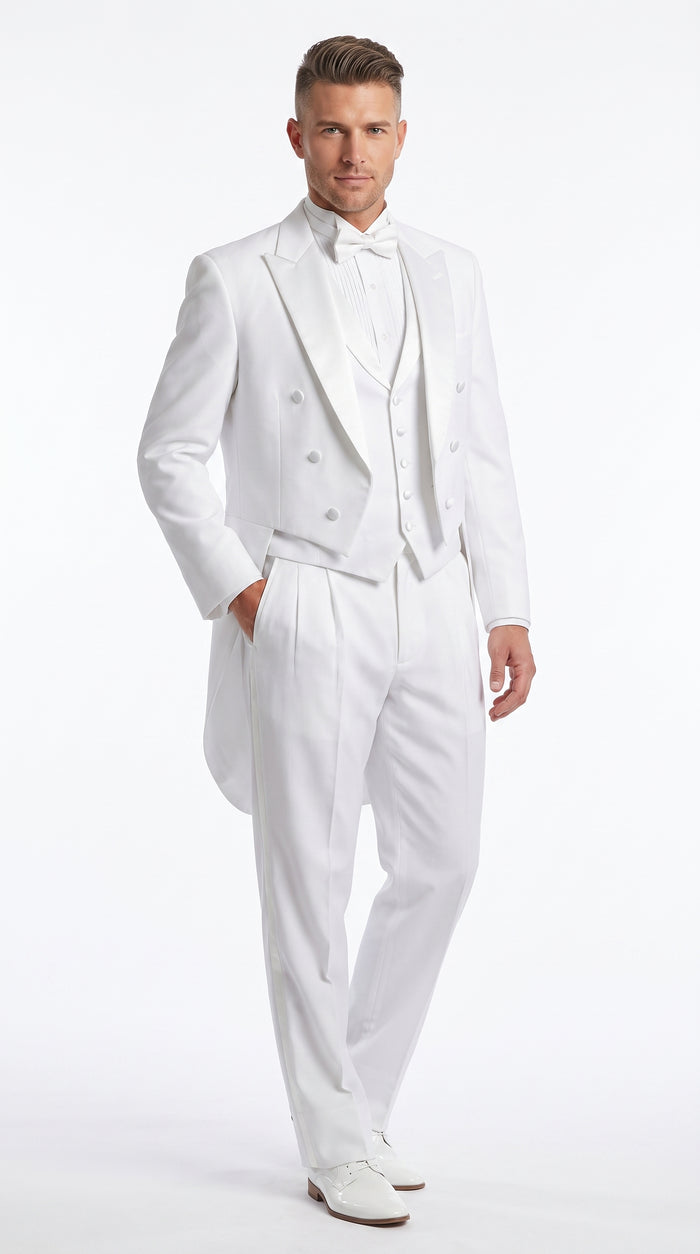Men’s White Tailcoat Tuxedo with Lapelled Vest, Formal Wedding White Tie Tail Suit
