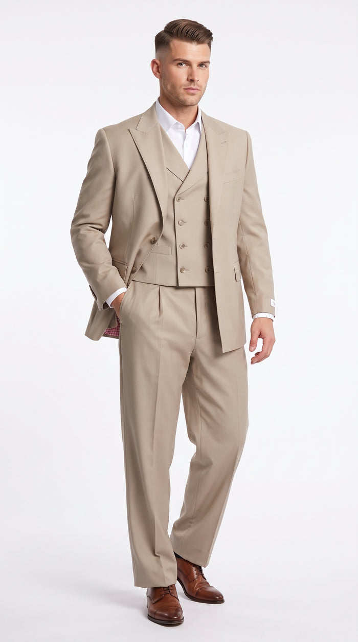 Tiglio Rosso Men’s Tan 3 Piece Italian Wool Suit, Classic Fit Peak Lapel Wide Leg Dress Suit