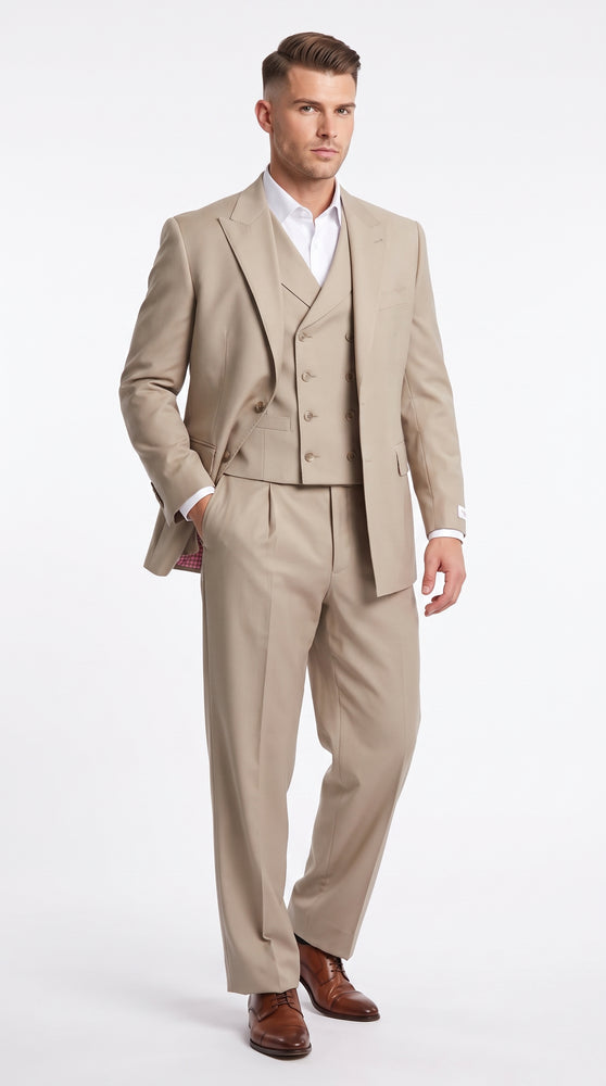 Tiglio Rosso Men’s Tan 3 Piece Italian Wool Suit, Classic Fit Peak Lapel Wide Leg Dress Suit
