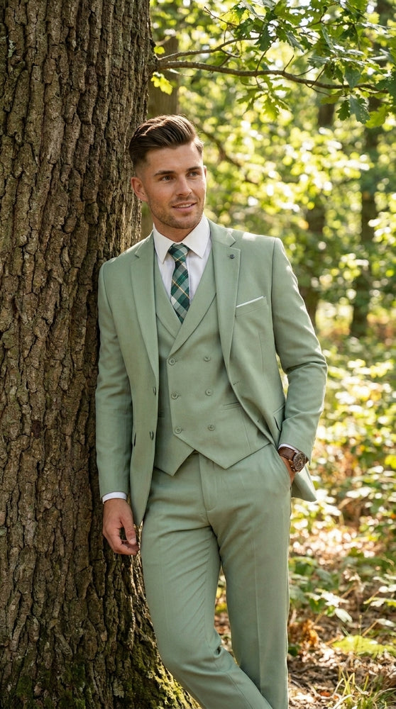 Men’s Sage Green 3 Piece Suit with Jacket, Vest and Pants, Light Green Summer Wedding Suit