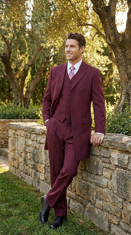 Men’s Burgundy Maroon Zoot Suit with 38 Inch Long Jacket, Wine Color 3 Piece Fashion Suit