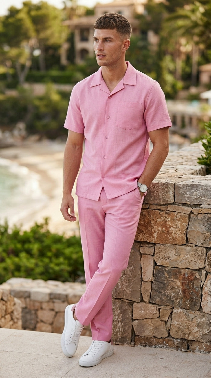 Men’s Lilac Pink Linen Walking Suit with Short Sleeve Shirt and Matching Pants, Summer Casual Outfit