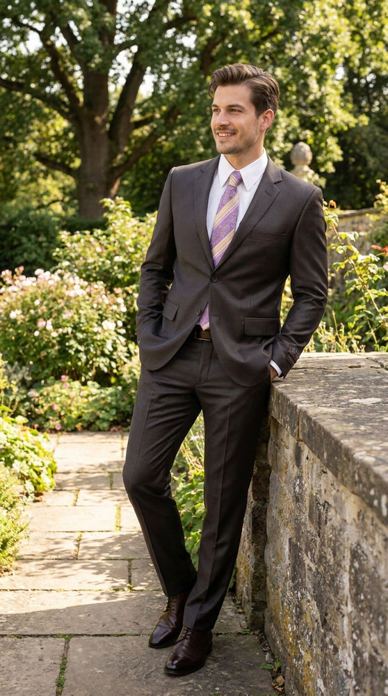 Men’s Dark Brown Shiny Sharkskin 2 Button Suit, Formal Wedding Business Dress Suit