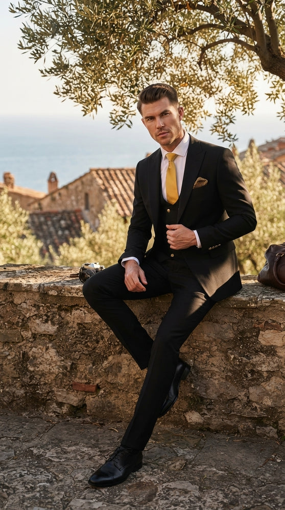Men’s Black Slim-Fit 3-Piece Suit with Gold Buttons – Double-Breasted Vest Wedding and Formal Suit