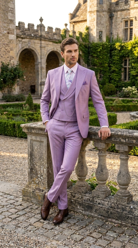 Men’s Lavender Modern Fit 3 Piece Suit, Lapel Vest Wedding Prom Formal Suit with Adjustable Pants
