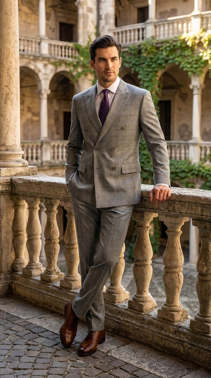 Men’s Grey Glen Plaid Double Breasted Suit, Executive Regular Fit Formal Business Wedding Suit Set