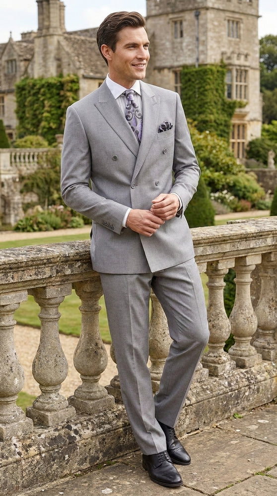 Apollo King Men’s Grey Double Breasted 2 Piece Suit, Pleated Pants Formal Wedding Business Suit Set