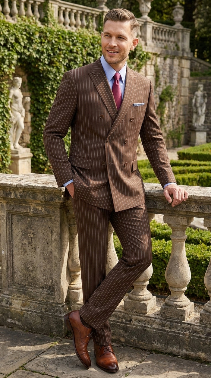 Rockefeller Collection Men’s Brown Double Breasted Pinstripe Suit, Regular Fit 2 Piece Formal Business Suit Set