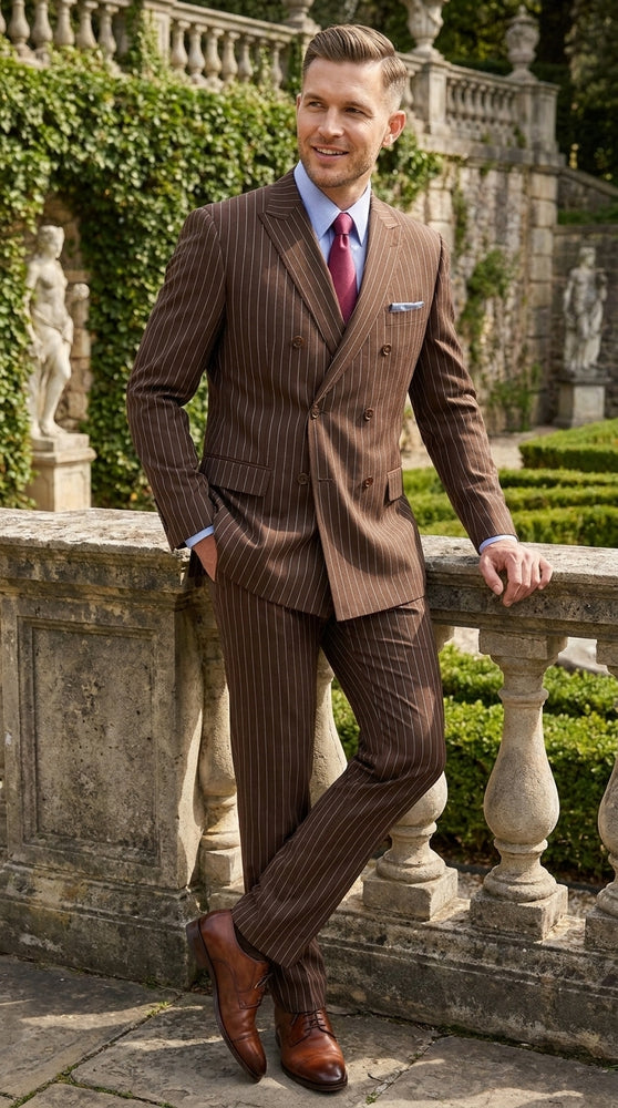 Rockefeller Collection Men’s Brown Double Breasted Pinstripe Suit, Regular Fit 2 Piece Formal Business Suit Set