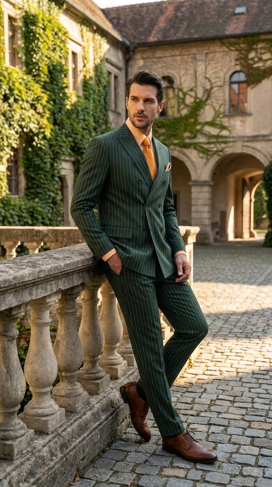Rockefeller Collection Men’s Hunter Green Double Breasted Pinstripe Suit, Regular Fit 2 Piece Formal Business Suit Set