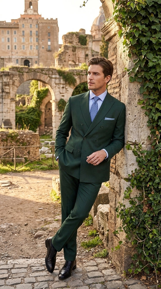 Ramses Collection Men’s Hunter Green Double Breasted 2 Piece Suit, Regular Fit Suit with Elastic Waist Pants