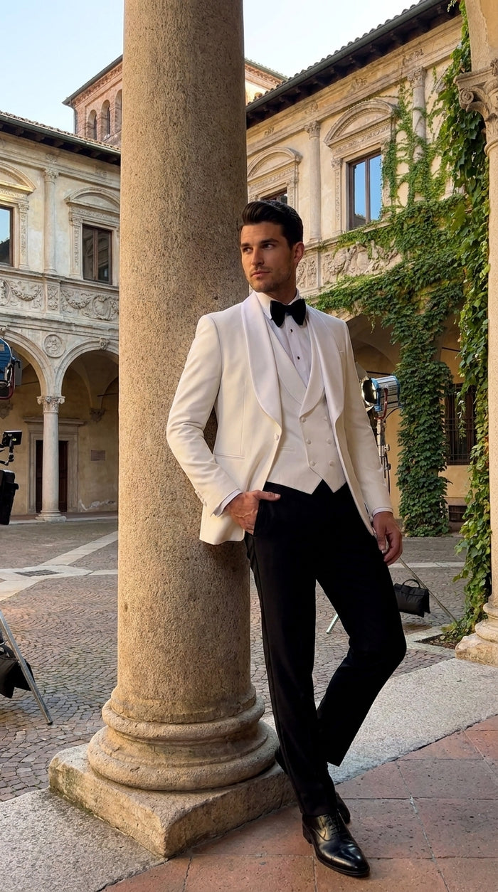 Men’s White 3-Piece Tuxedo Suit – Wide Shawl Lapel Wedding, Prom and Formal Suit