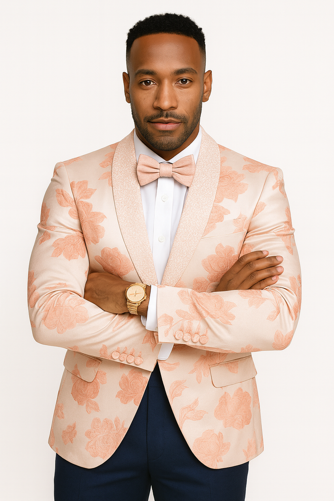 Mens Paisley Jeweled Shawl Prom 2025 Tuxedo in Blush Pink