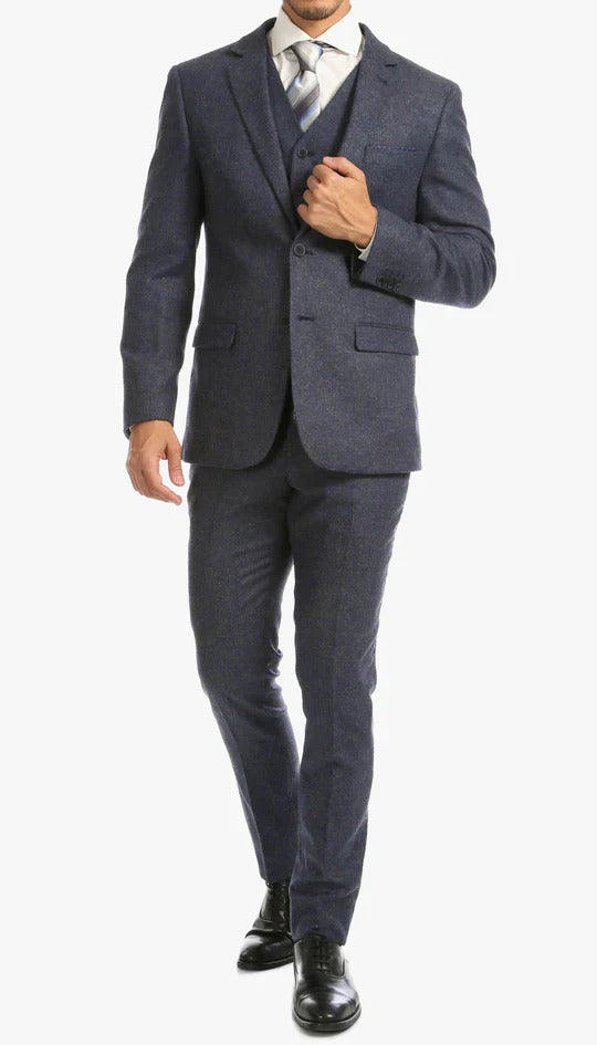 Marc Darcy Dion Teal Blue Tweed Slim Fit Wedding 3-Piece Suit Herringbone Fabric