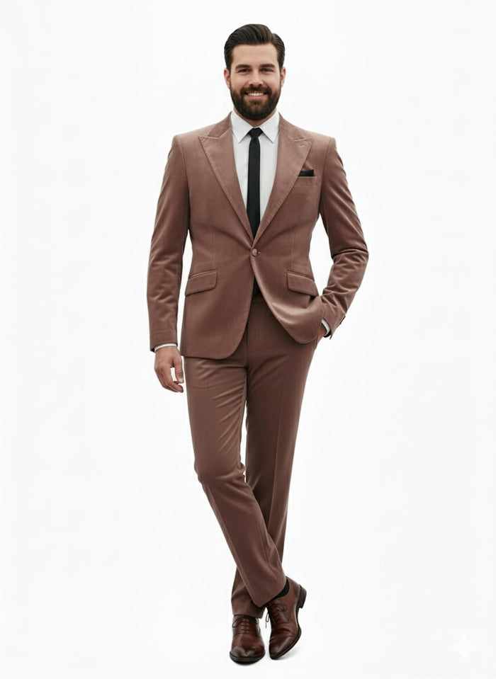 Mens Mauve Velvet Suit – 2 Piece Ultra Slim Fit Blazer and Pants Formal Set in Light Brown Tuxedo