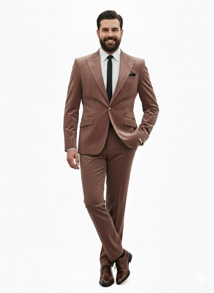 Mens Mauve Velvet Suit – 2 Piece Ultra Slim Fit Blazer and Pants Formal Set in Light Brown Tuxedo
