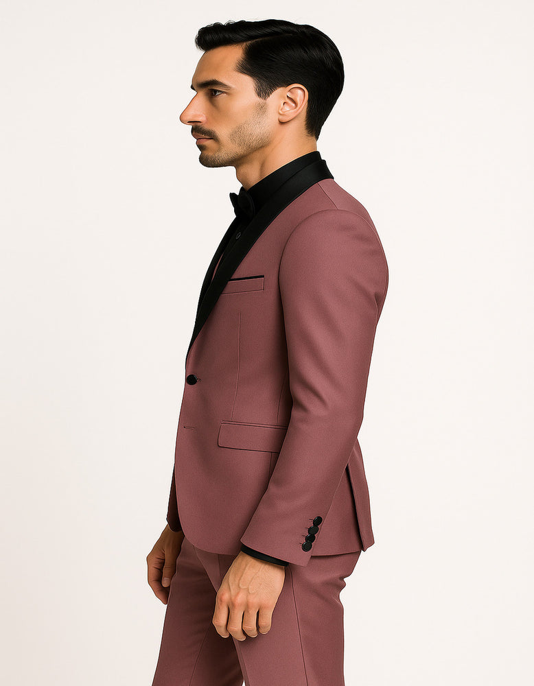 Men's Mauve Pink Tuxedo Suit – 3-Piece Slim Fit with Black Satin Shawl Lapel