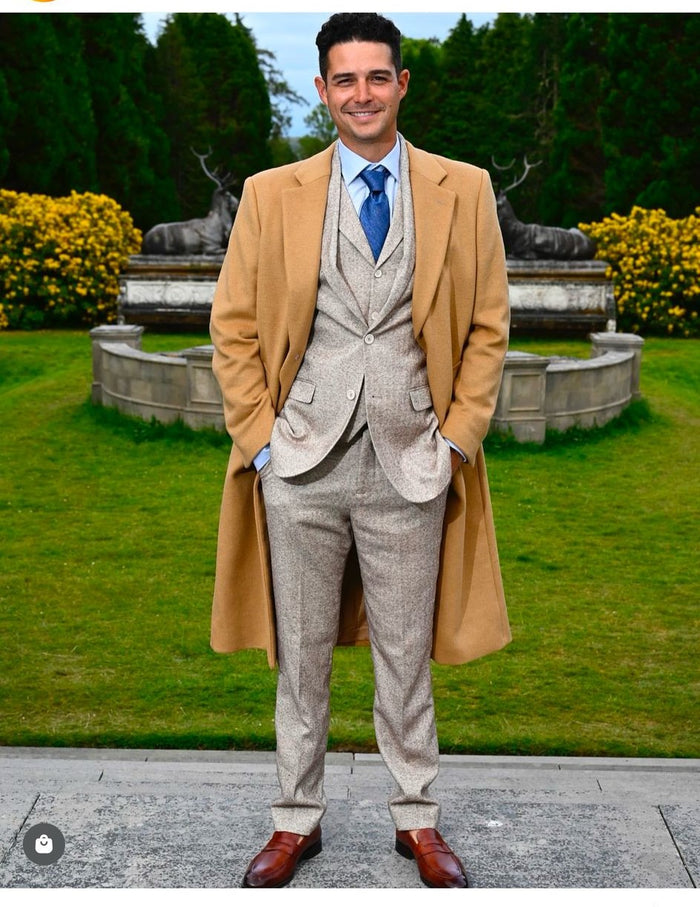 Great Gatbsy Package -  Mens Camel Overcoat with Beige Tweed 3-Piece Suit Combo 4 Items Formal Winter Outfit