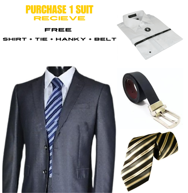 Men's 2 Piece Two Button Dark Navy Suit- Dress Shirt, Free Tie & Hankie Package Combo ~ Combination mensusa