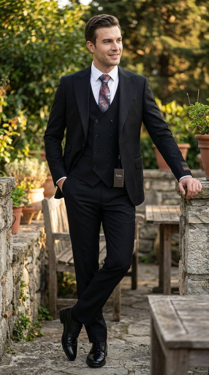 Tiglio Men’s Black 3 Piece Suit – Classic Formal Business Suit with Vest for Wedding and Special Occasion