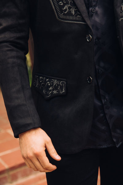 Men’s Black Faux Suede Embroidered Dinner Blazer – Modern Fit Formal Jacket