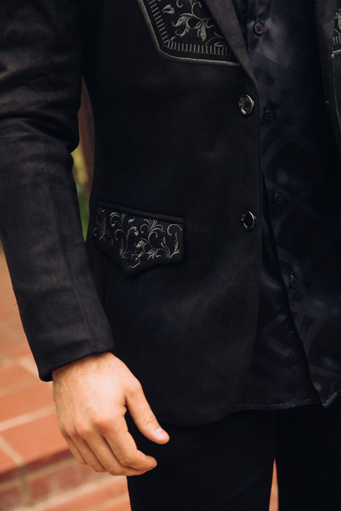 Men’s Black Faux Suede Embroidered Dinner Blazer – Modern Fit Formal Jacket
