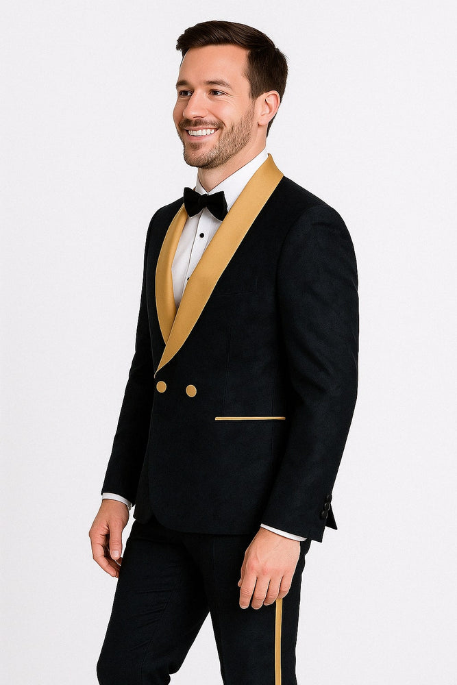 Men's Black and Gold Shawl Lapel Tuxedo with Jacquard Texture – Wedding & Prom Suit