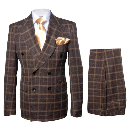 Rossiman Men’s Brown Windowpane Plaid Double-Breasted Wool Suit – Classic Formalwear