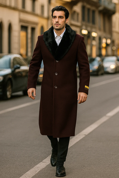 Men's Burgundy Fur Collar Full Length Overcoat
