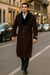 Men's Burgundy Fur Collar Full Length Overcoat