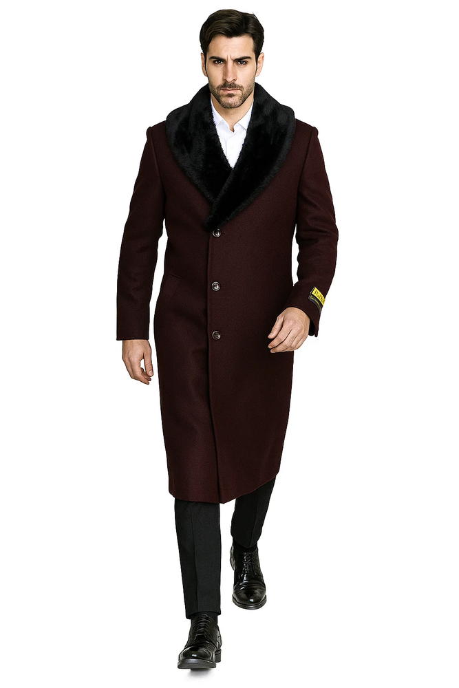 Men's Burgundy Fur Collar Full Length Overcoat