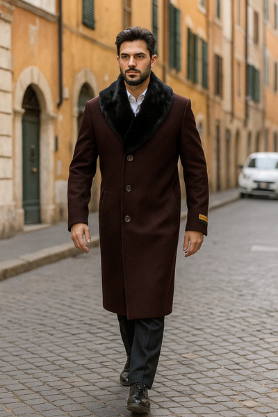 Men's Burgundy Fur Collar Full Length Overcoat