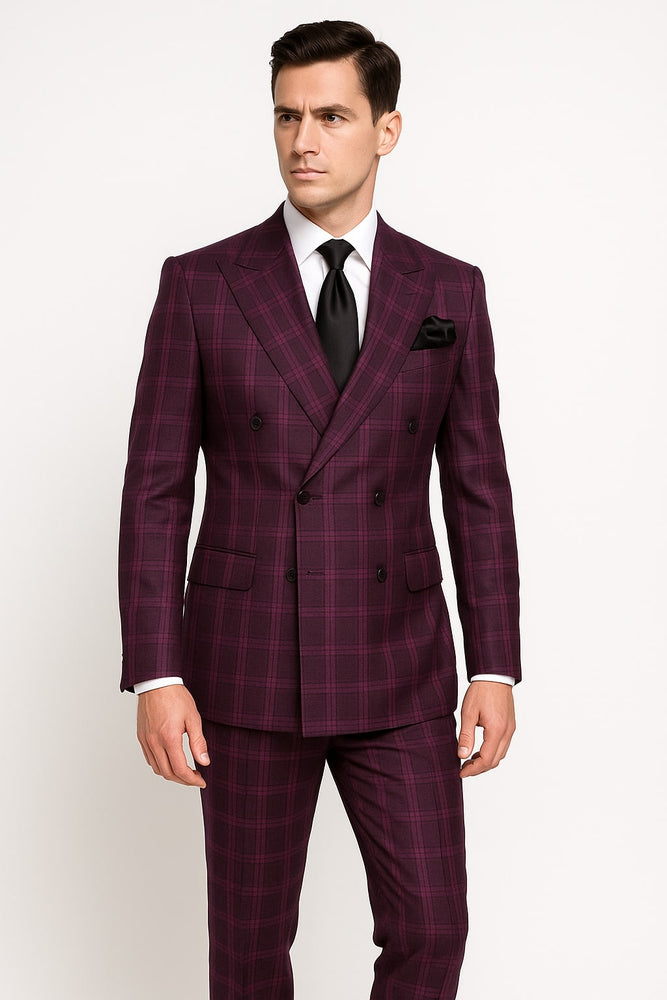 Burgundy Plaid Suit for Men – Rossiman Double-Breasted Windowpane Two-Piece