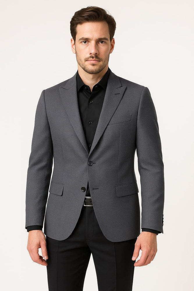 Men's Charcoal Grey Checkered Sport Coat – Classic Plaid Windowpane Pattern Blazer